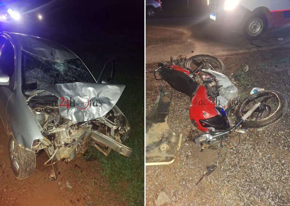 Casal fica ferido após colisão entre carro e moto na BR-317, em Capixaba
